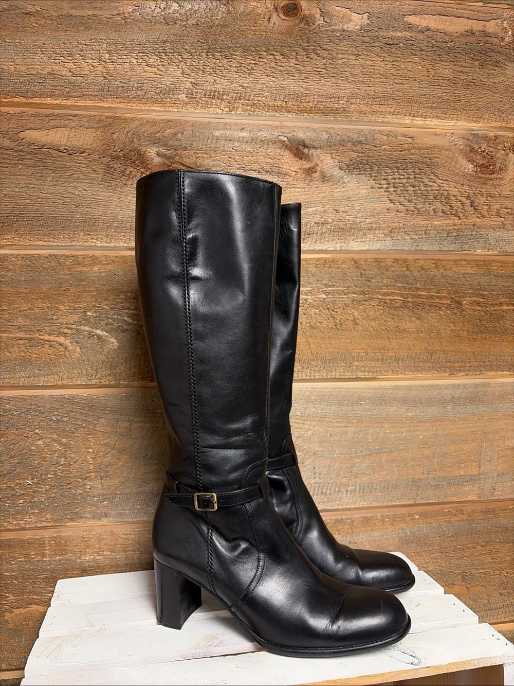 J.Crew Leather Knee High Boots 9 Black Heeled Made Italy Slim Calf Vero Cuoio
